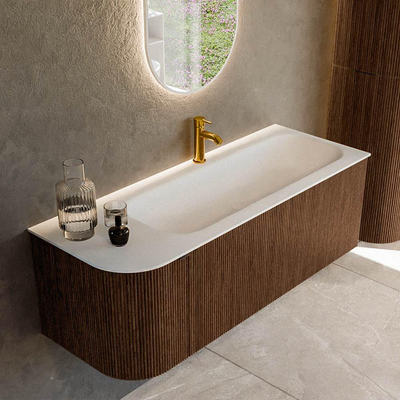 MONDIAZ KURVE 125cm badmeubel met module 25 L kleur Walnut met 1 lade en 1 deur. Wastafel BIG MEDIUM rechts 1 kraangat Talc.