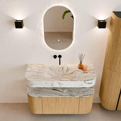 MONDIAZ THOR-DLUX 110cm badmeubel ronding links + rechts kleur Oak met 1 lade en 2 deuren. Vrijhangende wastafel CLOUD Midden zonder kraangat kleur Glace.