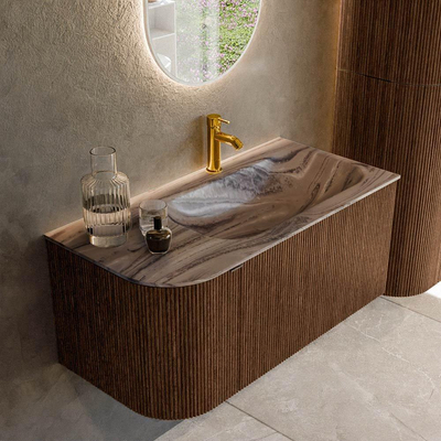 MONDIAZ KURVE-DLUX 95cm badmeubel ronding Links kleur Walnut met 1 lade en 1 deur. Wastafel BIG SMALL Rechts 1 kraangat Sombra.