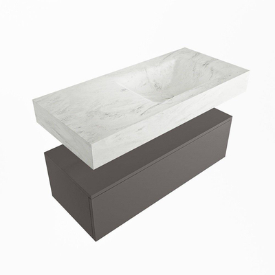Mondiaz ALAN-DLUX Ensemble de meuble - 100cm - meuble Dark grey mat - 1 tiroir - Lavabo Cloud Opalo suspendu - vasque Droite - 1 trou de robinet
