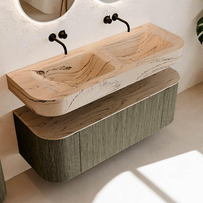 MONDIAZ THOR-DLUX 130cm meuble de salle de bains arrondi gauche + droite couleur Shadow avec 1 tiroir et 2 portes. Vasque suspendue CLOUD Double sans trou de robinet couleur Arena.