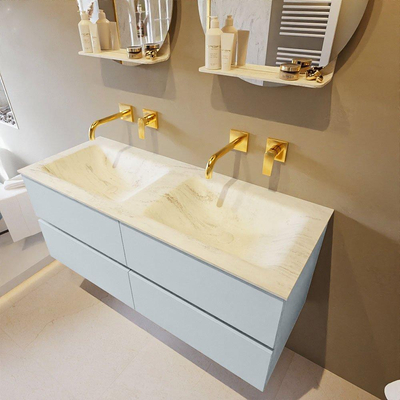 Mondiaz VICA-DLUX ensemble de meuble de salle de bain - 120cm - meuble sous-vasque argile - 4 tiroirs - lavabo encastré nuage double - sans trous de robinet - version haute de 60cm - opalo