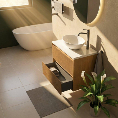 Saniclass Holz Atelier Ensemble meuble de salle de bains - 80x45x63cm - Plan vasque en marbre Dia poli (blanc) - 1 trou de robinetterie - 2 tiroirs - chêne natural mat (bois)
