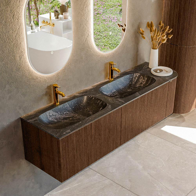 MONDIAZ KURVE-DLUX 165cm Meuble salle de bain avec module 25 D - couleur Walnut - 2 tiroirs - 1 porte - vasque STOR SMALL double / gauche - 2 trous de robinet - couleur Lava