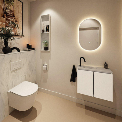 MONDIAZ TURE-DLUX Meuble toilette - 60cm - Talc - EDEN - vasque Opalo - position gauche - 1 trou de robinet