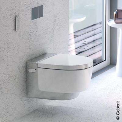 Geberit AquaClean Mera Classic – WC japonais avec extraction des odeurs, séchage à air chaud, douchette intime, abattant soft-close, plaque de recouvrement chromée brillante – Blanc brillant