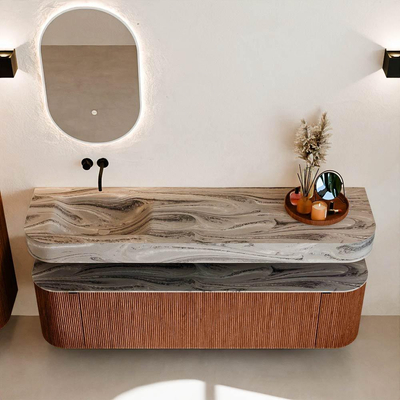 MONDIAZ THOR-DLUX 170cm meuble de salle de bains arrondi gauche + droite couleur Ruby avec 1 tiroir et 2 portes. Vasque suspendue CLOUD Gauche sans trou de robinet couleur Sombra.