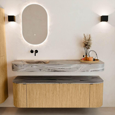 MONDIAZ THOR-DLUX 150cm badmeubel ronding links + rechts kleur Oak met 1 lade en 2 deuren. Vrijhangende wastafel CLOUD Links zonder kraangat kleur Sombra.