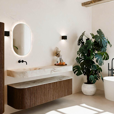 MONDIAZ THOR-DLUX 160cm meuble de salle de bains arrondi gauche + droite couleur Walnut avec 1 tiroir et 2 portes. Vasque suspendue CLOUD Gauche sans trou de robinet couleur Frappe.