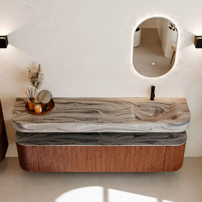 MONDIAZ THOR-DLUX 190cm meuble de salle de bains arrondi gauche + droite couleur Ruby avec 2 tiroirs et 2 portes. Vasque suspendue CLOUD Droite 1 trou de robinet couleur Sombra.