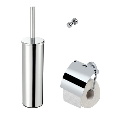 Geesa Nemox Set d'accessoires WC - Brosse de toilette avec support - Porte-rouleau de toilette avec couvercle - Crochet à serviette - Chrome