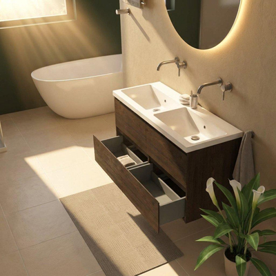 Saniclass Holz Pure Ensemble meuble de salle de bains - 120x45x63.5cm - Lavabo en céramique Bari blanc - 2 vasques - sans trous de robinetterie - 4 tiroirs - chêne charcoal mat (bois)