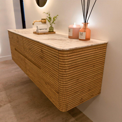 Mondiaz CIRO-DLUX Ensemble de meubles de salle de bains - 160x45x50cm - Plan vasque solid surface Frappe - 1 lavabo à gauche - sans trous de robinet - 4 tiroirs - Chêne