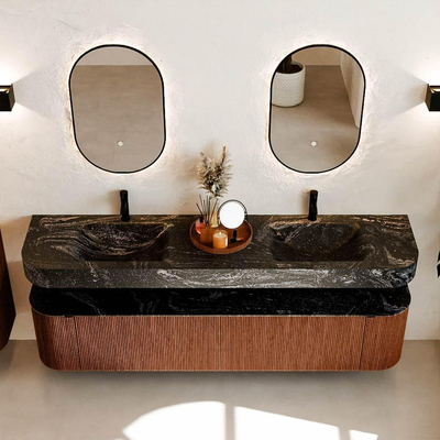 MONDIAZ THOR-DLUX 200cm meuble de salle de bains arrondi gauche + droite couleur Ruby avec 2 tiroirs et 2 portes. Vasque suspendue CLOUD Double 2 trous de robinet couleur Lava.