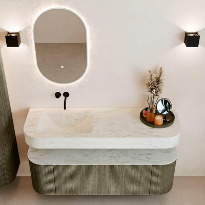 MONDIAZ THOR-DLUX 140cm meuble de salle de bains arrondi gauche + droite couleur Shadow avec 1 tiroir et 2 portes. Vasque suspendue CLOUD Gauche sans trou de robinet couleur Opalo.