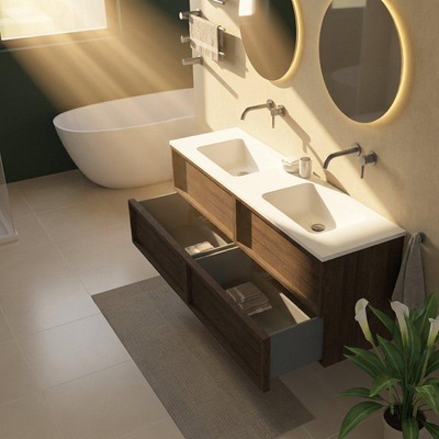 Saniclass Holz Frame Ensemble meuble de salle de bains - 160x45x77.5cm - lavabo Torino en solid surface blanc - sans trou de robinet - 4 tiroirs - chêne charcoal mat (bois)