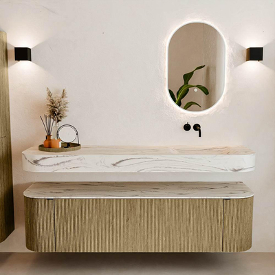 MONDIAZ THOR-DLUX Meuble de salle de bains - 170cm - arrondi gauche + droite - couleur Dusk - 1 tiroir - 2 portes - Vasque suspendue CLOUD droite sans trou de robinet - couleur Nata