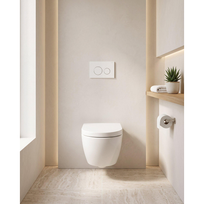 Pack WC QeramiQ Dely Swirl Compact - réservoir encastrable Geberit UP320 - avec bâti-support Burda - abattant slim - plaque de commande en plastique blanc brillant - boutons ronds - blanc mat