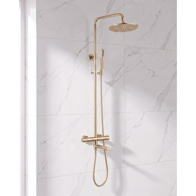 Fortifura Calvi Regendoucheset - thermostatisch - 25cm hoofddouche - gladde slang - staaf handdouche - draaibare baduitloop - PVD - geborsteld messing (goud)