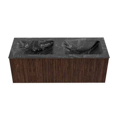 MONDIAZ KURVE-DLUX Meuble de salle de bains 120cm couleur Walnut avec 1 tiroir. Lavabo LEAF double 2 trous de robinet couleur Lava.