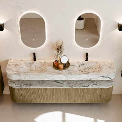 MONDIAZ THOR-DLUX 200cm meuble de salle de bains arrondi gauche + droite couleur Dusk avec 2 tiroirs et 2 portes. Vasque suspendue CLOUD Double 2 trous de robinet couleur Glace.