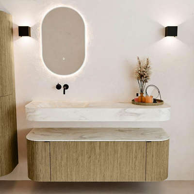 MONDIAZ THOR-DLUX Meuble de salle de bains 140cm arrondi gauche + droite couleur Dusk avec 1 tiroir et 2 portes. Vasque suspendue CLOUD Gauche sans trou de robinet couleur Ostra.