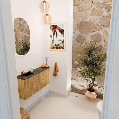 Mondiaz JOYA-DLUX 91.6cm toiletmeubel - ronding rechts kleur Oak - Wastafel FAYE positie Links 1 kraangat kleur Lava.