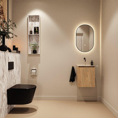MONDIAZ TURE-DLUX Meuble toilette - 40cm - Washed Oak - EDEN - vasque Glace - position centrale - sans trou de robinet