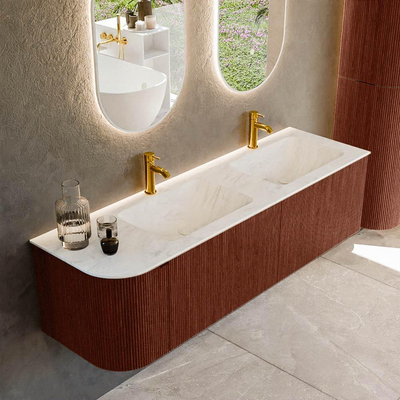 Mondiaz KURVE-DLUX Ensemble meuble de salle de bain - 155x46x40cm - 2 tiroirs - 1 porte - lavabo solid surface - double / droit - 2 trous de robinet - Ruby