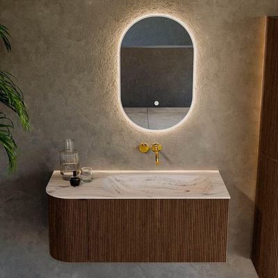 MONDIAZ KURVE-DLUX Meuble de salle de bains 105cm arrondi à gauche couleur Walnut avec 1 tiroir et 1 porte. Lavabo BIG SMALL à droite sans trou de robinet Nata.