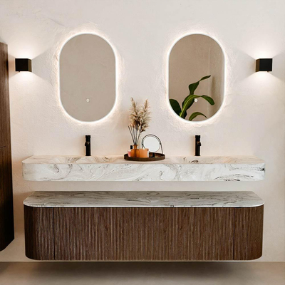 MONDIAZ THOR-DLUX 180cm meuble de salle de bains arrondi gauche + droite couleur Walnut avec 2 tiroirs et 2 portes. Vasque suspendue CLOUD Double 2 trous de robinet couleur Glace.