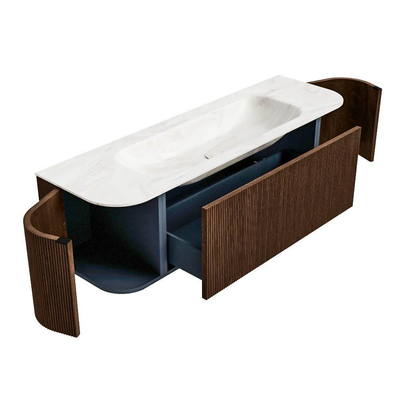 MONDIAZ KURVE-DLUX meuble de salle de bains 150cm avec module 25 Len R couleur Walnut avec 1 tiroir et 2 portes. Plan-vasque BIG MEDIUM central sans trou de robinet couleur Ostra.