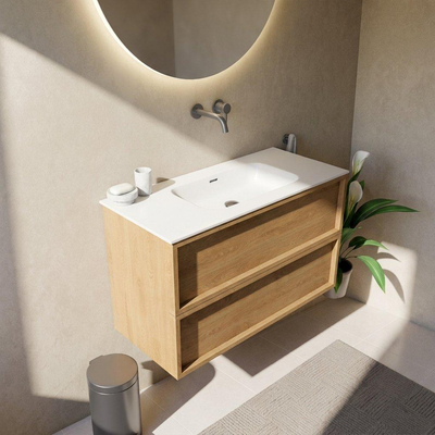 Saniclass Holz Frame Ensemble de meubles de salle de bains - 100x45x61.5cm - Flow lavabo en solid surface blanc - 1 vasque - sans trou de robinetterie - 2 tiroirs - chêne naturel mat (bois)