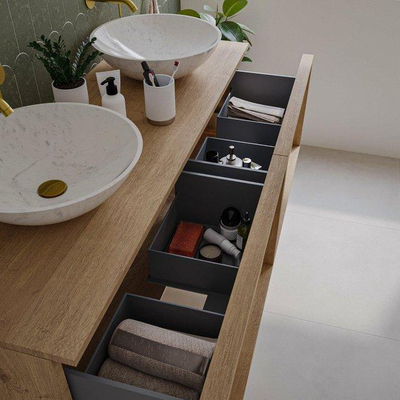 Saniclass Atelier Badkamermeubelset - 140x45x40cm - 4 lades - 2 wasbakken - zonder kraangaten - overloop - Eiken natural