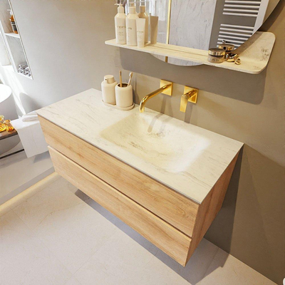 MONDIAZ VICA-DLUX Ensemble meuble de salle de bains - 110cm - meuble bas chêne lavé - 2 tiroirs - lavabo encastré cloud à droite - sans trous de robinet - version haute 60cm - opalo