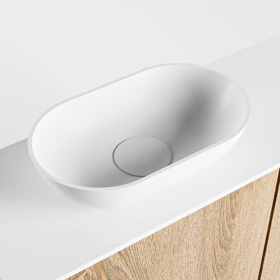 Mondiaz Fowy Meuble WC - 80x50x23cm - chêne blanchi mat - 1 trou de robinet - lavabo à gauche - 2 portes - solid surface - plan Mélamine - lavabo : blanc