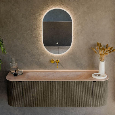 MONDIAZ KURVE-DLUX Meuble de salle de bains 150cm arrondi Gauche + Droite couleur Shadow avec 1 tiroir et 2 portes. Plan-vasque BIG MEDIUM Centre sans trou de robinet Saba.