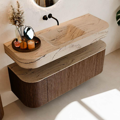 MONDIAZ THOR-DLUX 130cm meuble de salle de bains arrondi gauche + droite couleur Walnut avec 1 tiroir et 2 portes. Vasque suspendue CLOUD Centre sans trou de robinet couleur Arena.