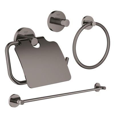 GROHE Essentials set d’accessoires 4 pièces avec anneau porte-serviette, porte-serviettes, patère et porte-rouleau de papier toilette avec clapet hard graphite