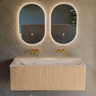 MONDIAZ KURVE-DLUX Meuble de salle de bains 120cm couleur Oak avec 1 tiroir et 0 portes. Lavabo BIG LARGE central sans trou de robinet Nata.
