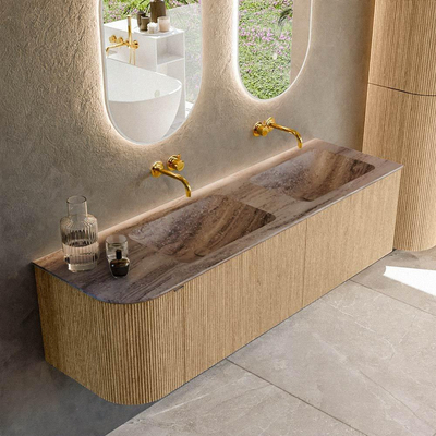 MONDIAZ KURVE-DLUX 155cm badmeubel ronding Links kleur Oak met 2 lades en 1 deur. Wastafel LEAF Dubbel / Rechts zonder kraangat Oza.