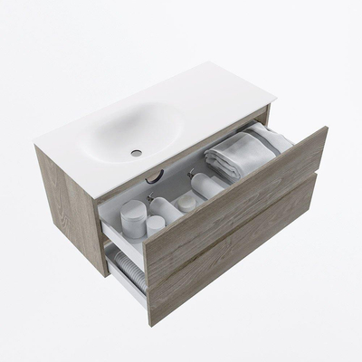 Mondiaz VICA ensemble de meuble de salle de bain - 100cm - meuble sous-vasque marron clair gris - 2 tiroirs - lavabo lune gauche - 1 trou de robinet - version haute de 60cm - talc