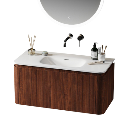 Royal Plaza Terra Ensemble meuble de salle de bains - 100x46.2x46cm - vasque en solid surface blanc mat - 1 vasque - sans trou de robinet - 2 tiroirs - châtaigne (noyer)