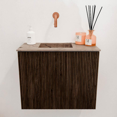 Mondiaz JOYA-DLUX 50cm toiletmeubel - kleur Walnut - Wastafel FAYE positie Links Zonder kraangat kleur Arena.