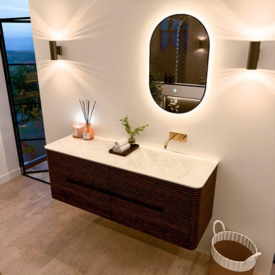 Mondiaz CIRO-DLUX Ensemble meuble de salle de bains - 140x45x50cm - Vasque en solid surface Opalo - 1 lavabo à droite - sans trous de robinet - 4 tiroirs - Noyer