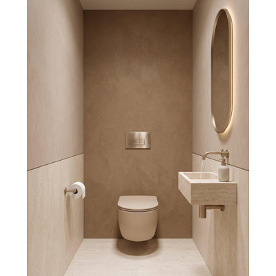 QeramiQ Dely Swirl Toiletset - 36.3x51.7cm - Geberit UP320 inbouwreservoir - met Burda frame - slim zitting - geborsteld messing bedieningsplaat - rechthoekige knoppen - mat beige