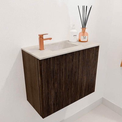 Mondiaz JOYA-DLUX 50cm toiletmeubel - kleur Walnut - Wastafel FAYE positie Links 1 kraangat kleur Ostra.