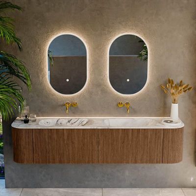 MONDIAZ KURVE-DLUX 190cm Meuble salle de bain avec module 25 G et D - couleur Walnut - 2 tiroirs - 2 portes - vasque STOR SMALL double - sans trou de robinet - couleur Glace