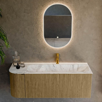 Mondiaz KURVE-DLUX Ensemble de meuble salle de bain - 125x46x40cm - 1 tiroir - 1 porte - lavabo en solid surface - droite - 1 trou de robinet - Dusk