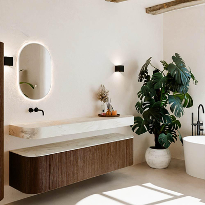 MONDIAZ THOR-DLUX Meuble de salle de bains 180cm arrondi gauche + droite couleur Walnut avec 2 tiroirs et 2 portes. Vasque suspendue CLOUD Gauche sans trou de robinet couleur Ostra.